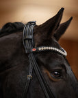 Detailfoto Trense Lina in Schwarz mit Chrombeschlägen am Pferd: extradick geschäumtes Genickstück und geschwungenes Stirnband mit weißen Kristallen