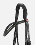 Detailfoto Trense Comfort Paris in Schwarz mit schwarzem Lack-Reithalfter: Genickstück und geschwungenes Stirnband mit grauen Swarovski® Kristallen