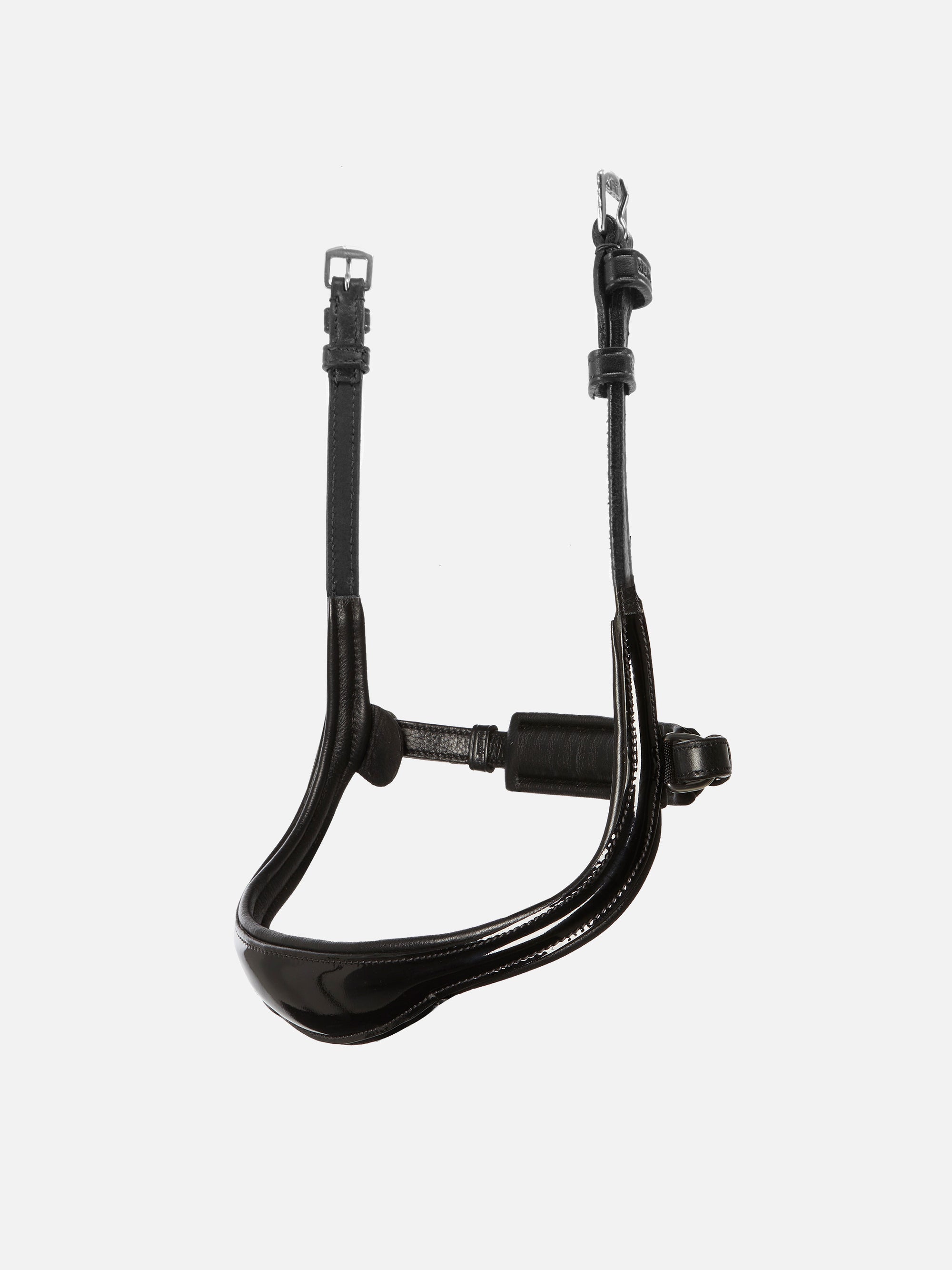 Schwedisches Lack-Reithalfter Kieffer Ultrasoft® Amy Shine in Schwarz mit Chrombeschlägen und spurlos abnehmbarem Sperrriemen