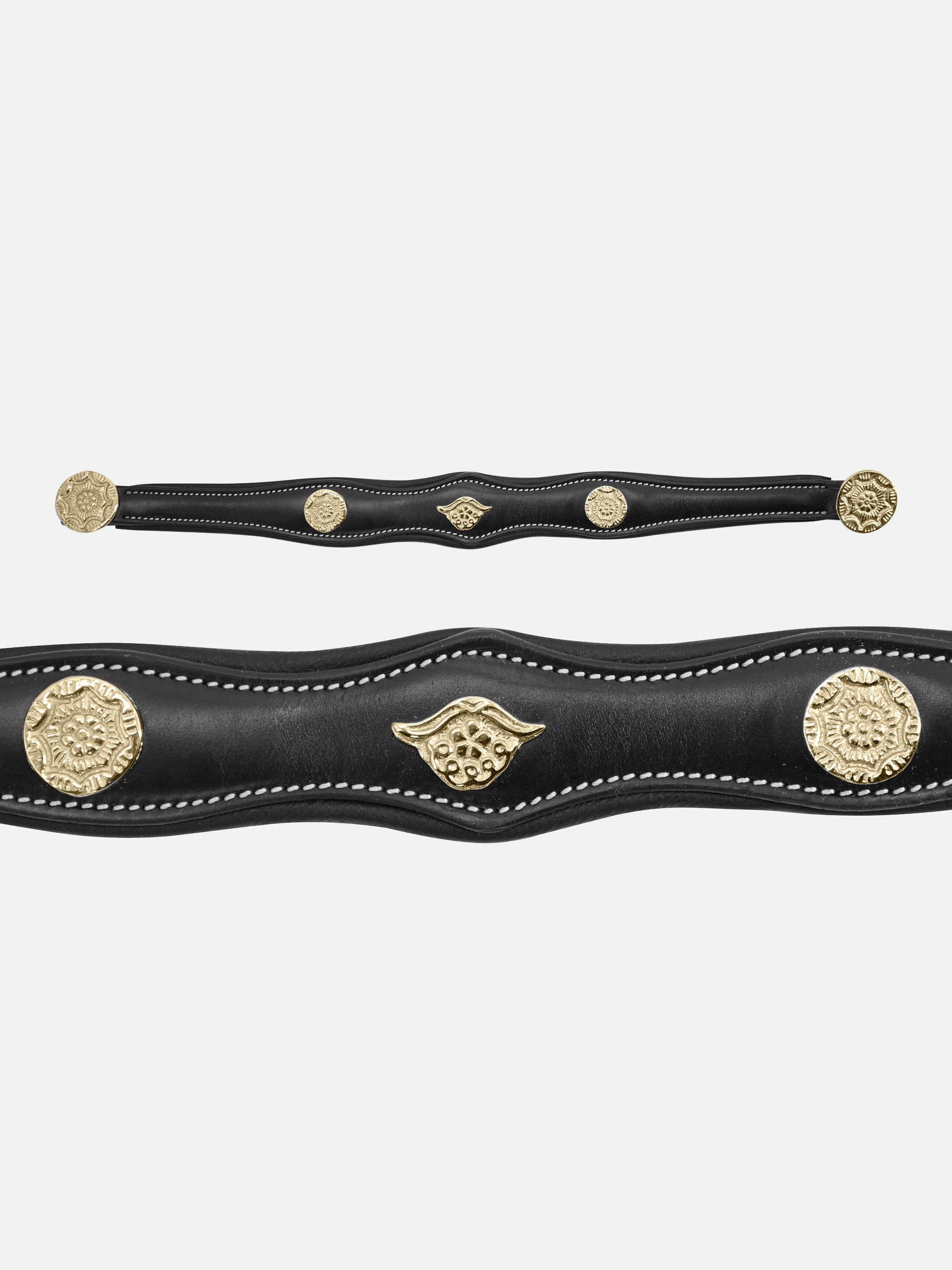 Stirnband Isabella in Schwarz mit weißen Kontrastnähten, messingfarbenen Beschlägen und Ornamenten