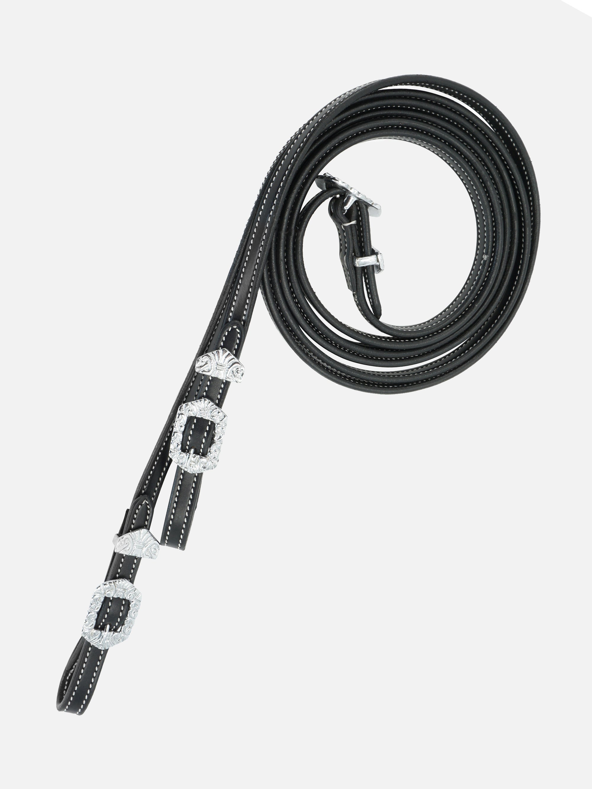 Zügel Isabella in Schwarz mit silberfabenen Beschlägen und Ornamenten und weißen Kontrastnähten