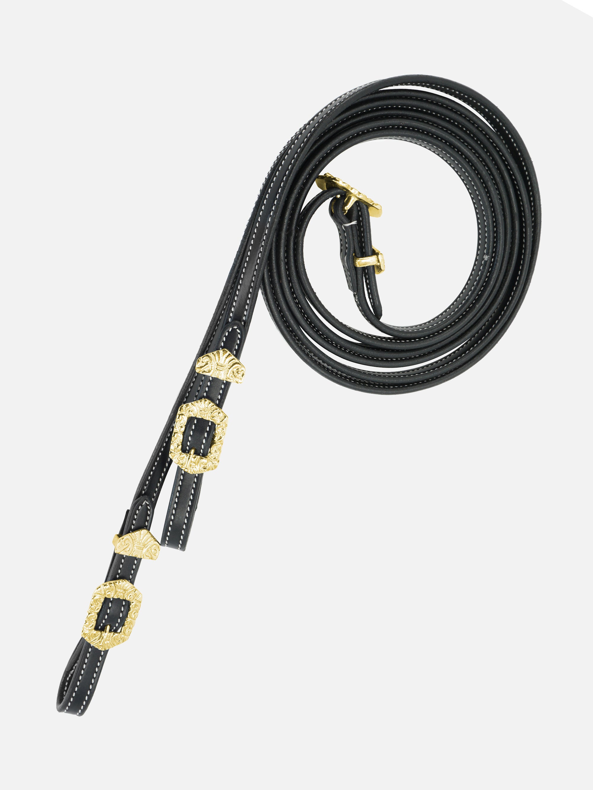 Zügel Isabella in Schwarz mit messingfabenen Beschlägen und Ornamenten und weißen Kontrastnähten