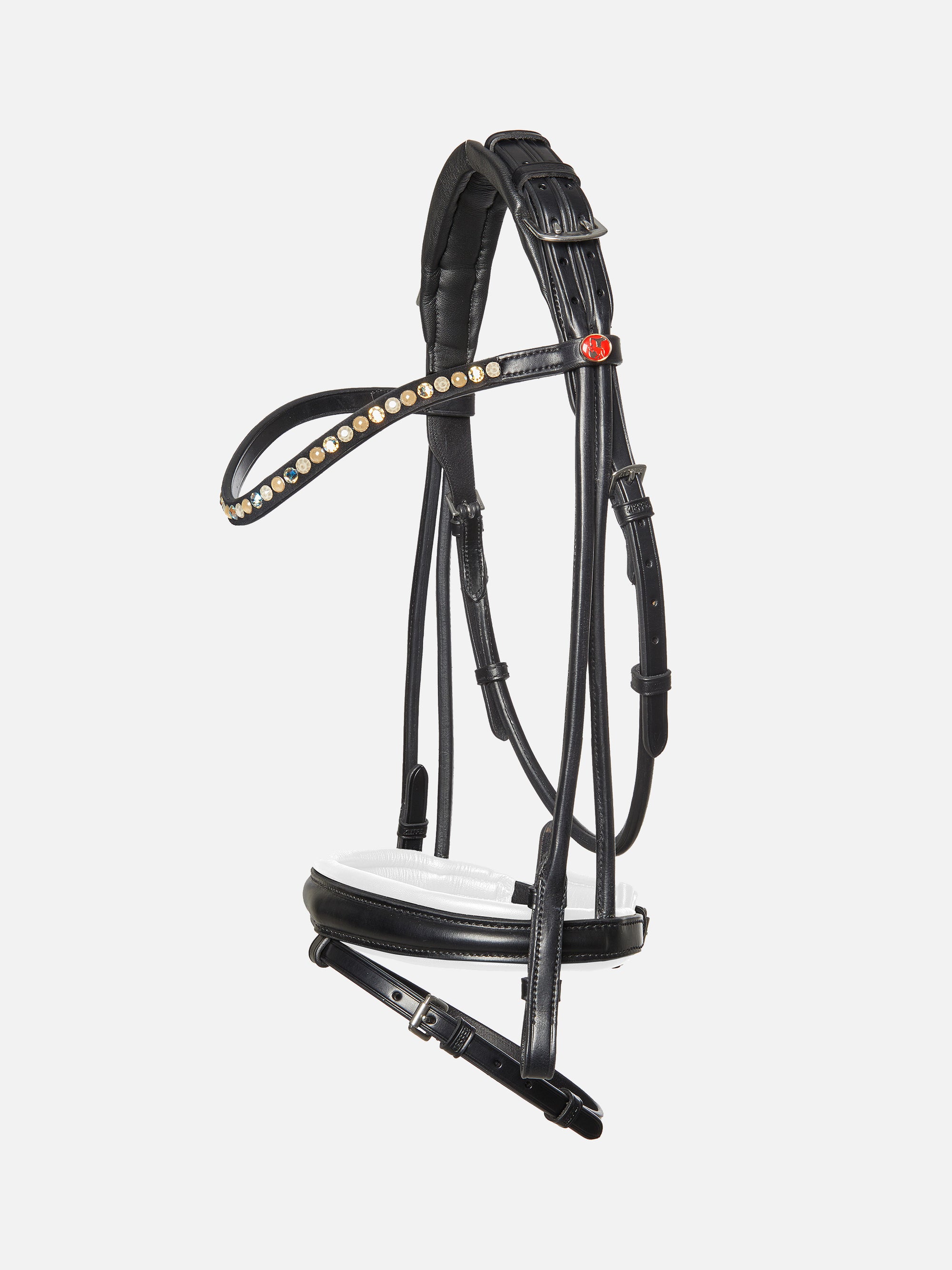 Rundgenähte Trense Sylvie II in Schwarz mit weißer Unterlegung und Chrombeschlägen