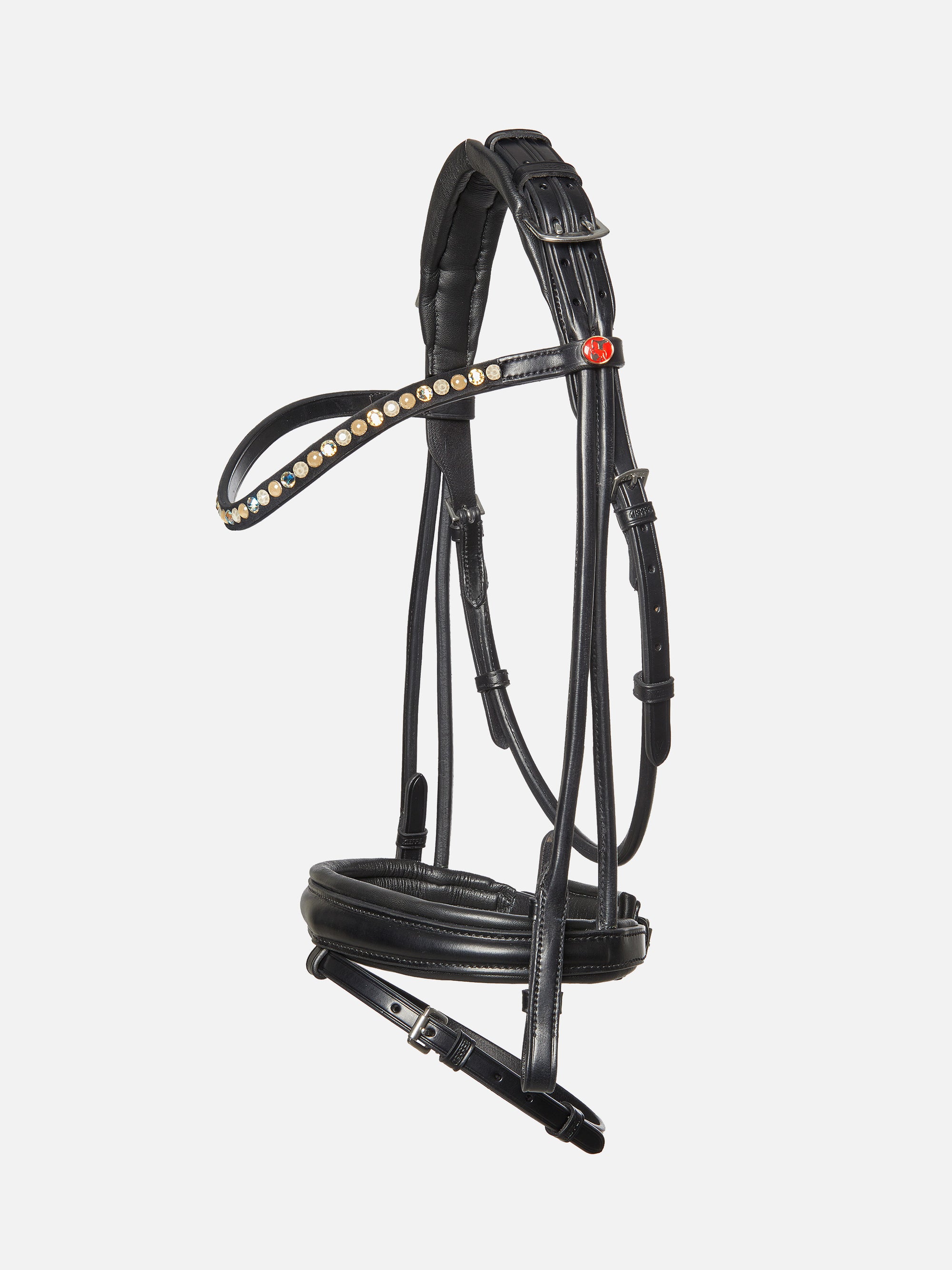 Rundgenähte Trense Sylvie II in Schwarz mit Chrombeschlägen und hellem Kristall-Stirnband