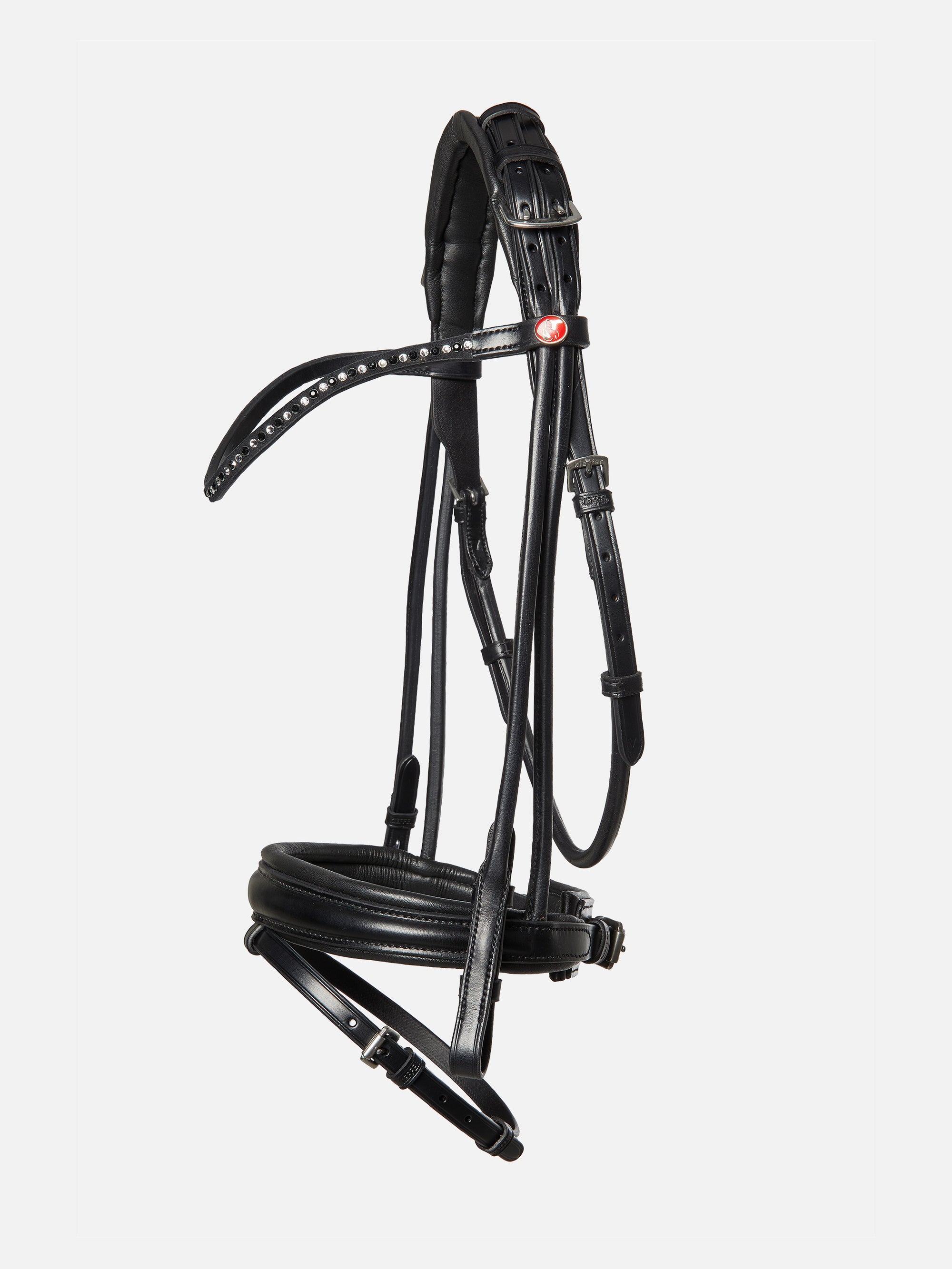 Rundgenähte Trense Sylvie II in Schwarz mit Chrombeschlägen und schwarz-weißem Kristall-Stirnband