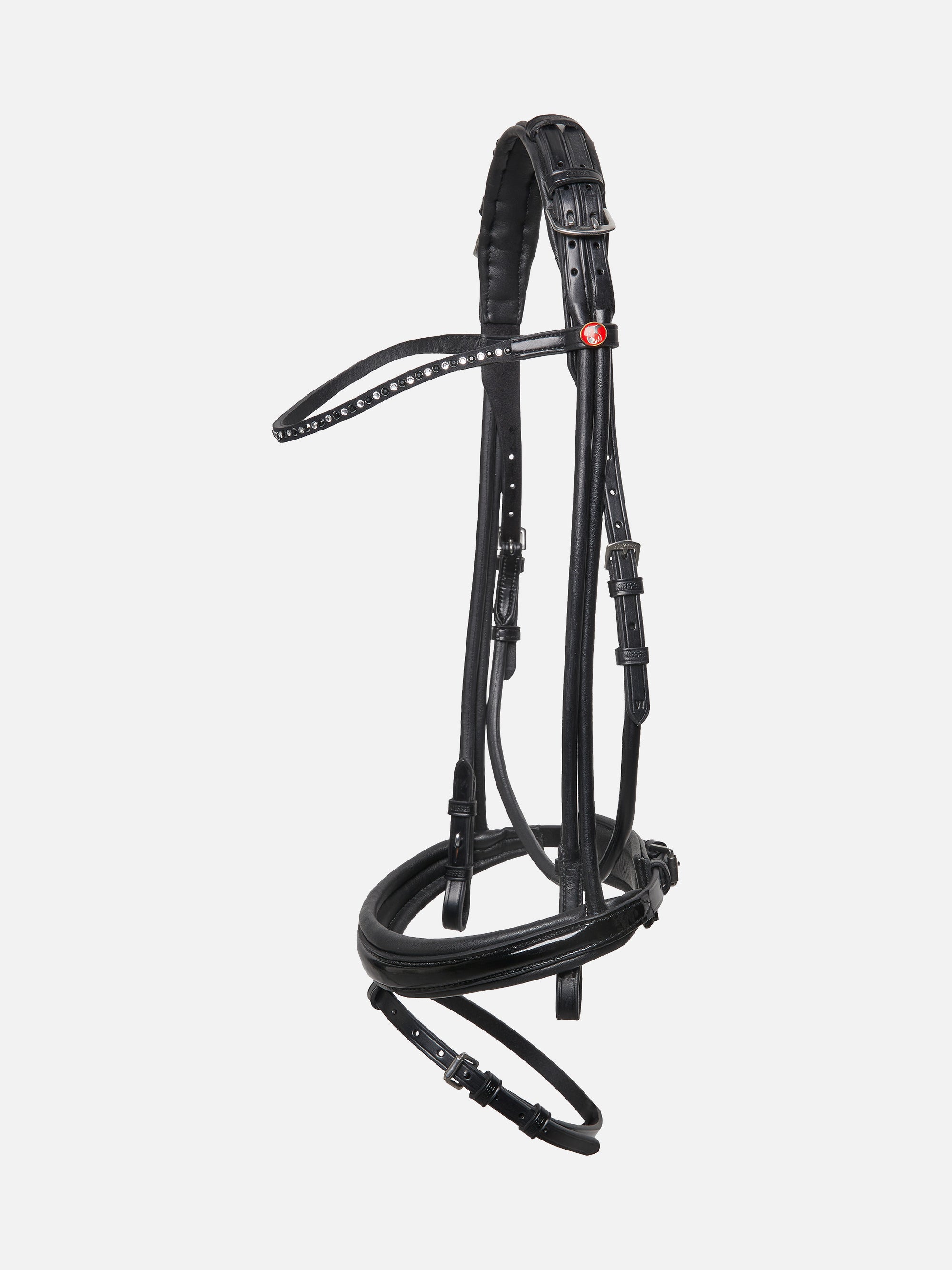 Rundgenähte Trense Sylvie II in Schwarz mit Lack-Reithalfter, Chrombeschlägen und schwarz-weißem Kristall-Stirnband