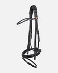 Rundgenähte Trense Sylvie II in Schwarz mit Lack-Reithalfter, Chrombeschlägen und schwarz-weißem Kristall-Stirnband