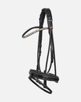 Rundgenähte Trense Sylvie II in Schwarz mit Lack-Reithalfter, Chrombeschlägen und hellem Kristall-Stirnband
