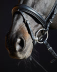 Detailfoto Trense Priya in Schwarz mit Chrombeschlägen am Pferd: konisch geformtes Reithalfter