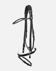 Rundgenähte Trense Sylvie II in Schwarz mit weißer Unterlegung, Lack-Reithalfter, Chrombeschlägen und schwarz-weißem Kristall-Stirnband