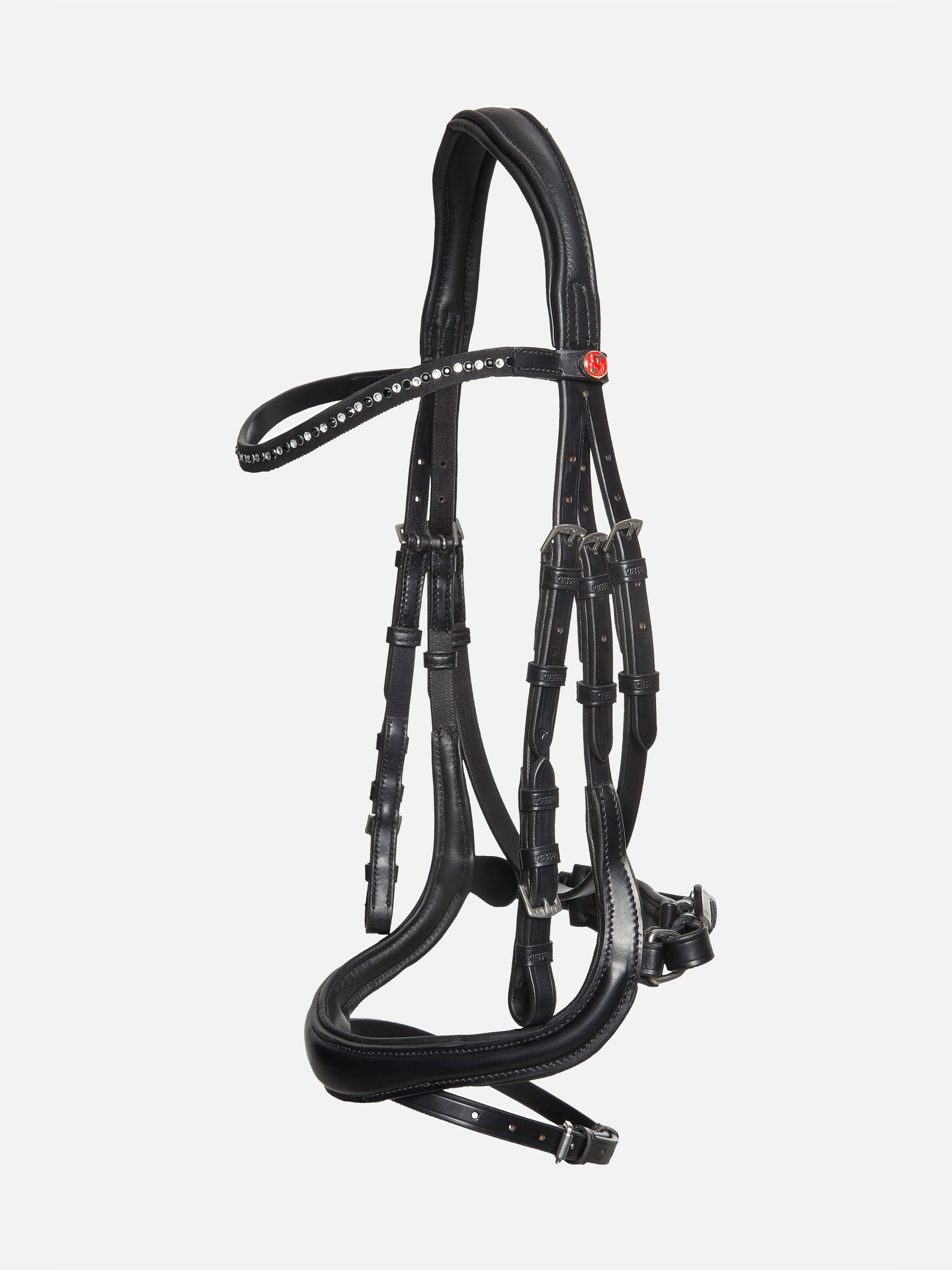 Trense Ilona in Schwarz mit Chrombeschlägen und Stirnband mit schwarzen und weißen Swarovski® Kristallen