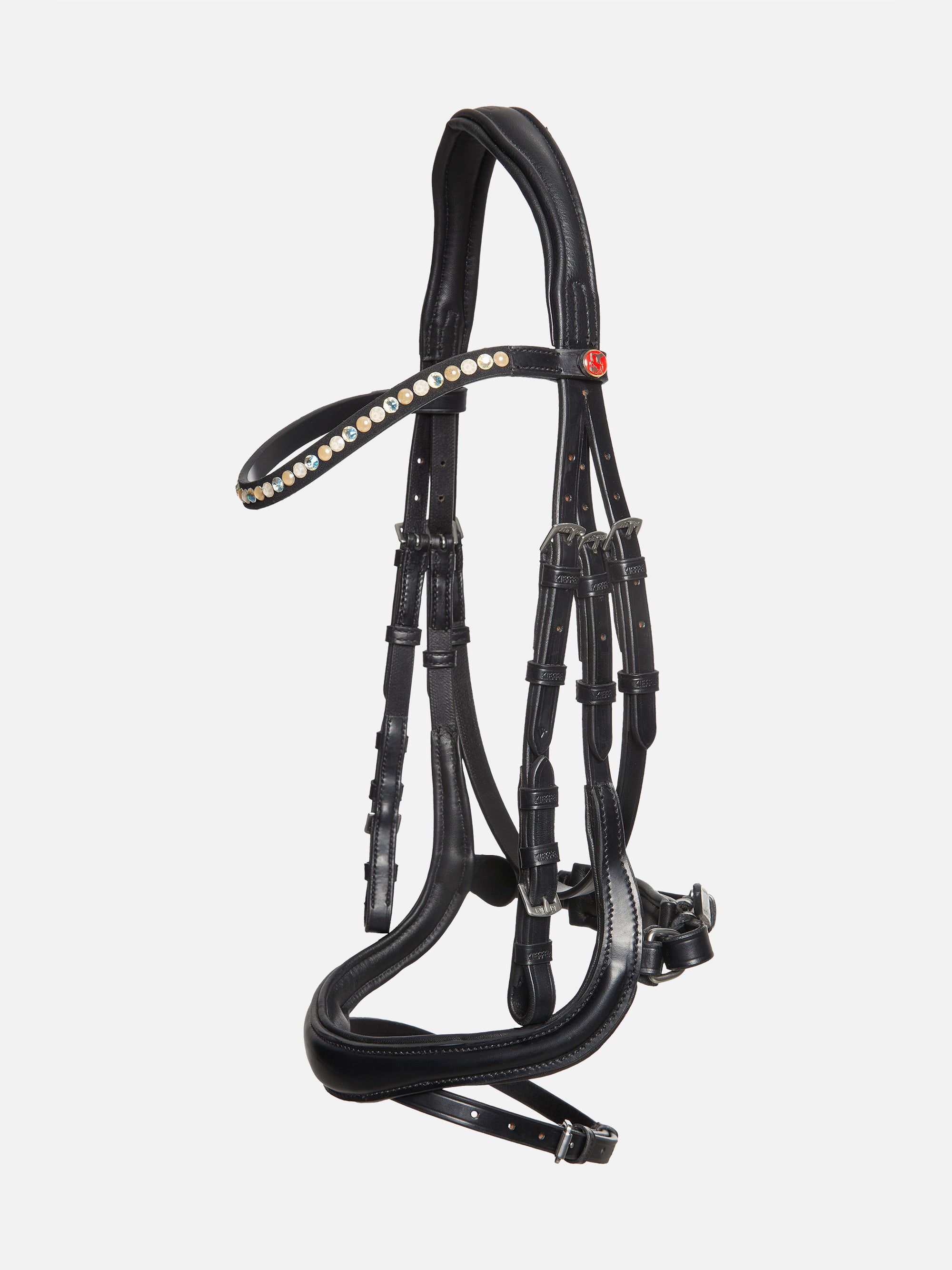 Trense Ilona in Schwarz mit Chrombeschlägen und Stirnband mit hellen Swarovski® Kristallen