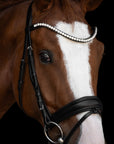 Detailfoto Trense Victoria II in Schwarz mit Chrombeschlägen am Pferd: geschwungenes Stirnband mit weißen Kristallen und konisch geformtes Reithalfter