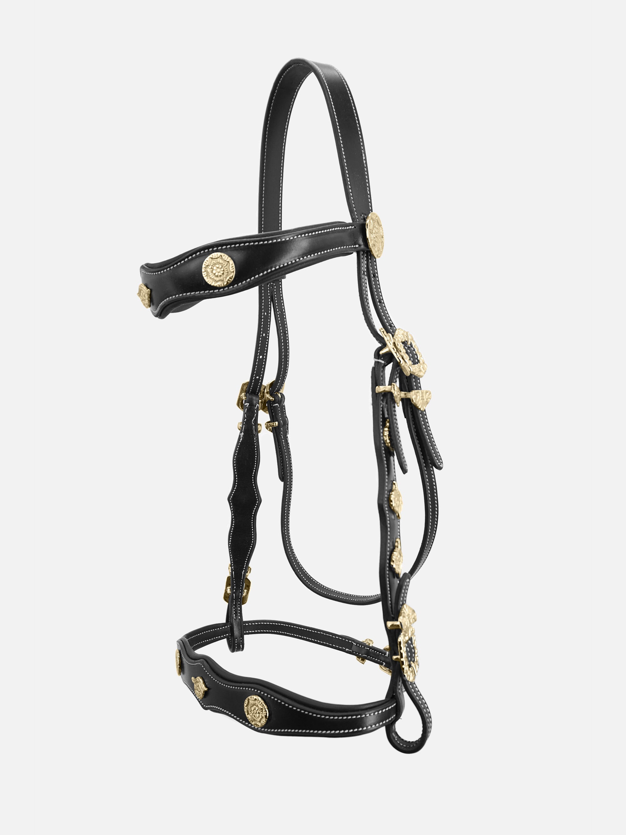 Spanische Trense Isabella mit weißen Kontrastnähten und messingfarbenen Beschlägen und Ornamenten