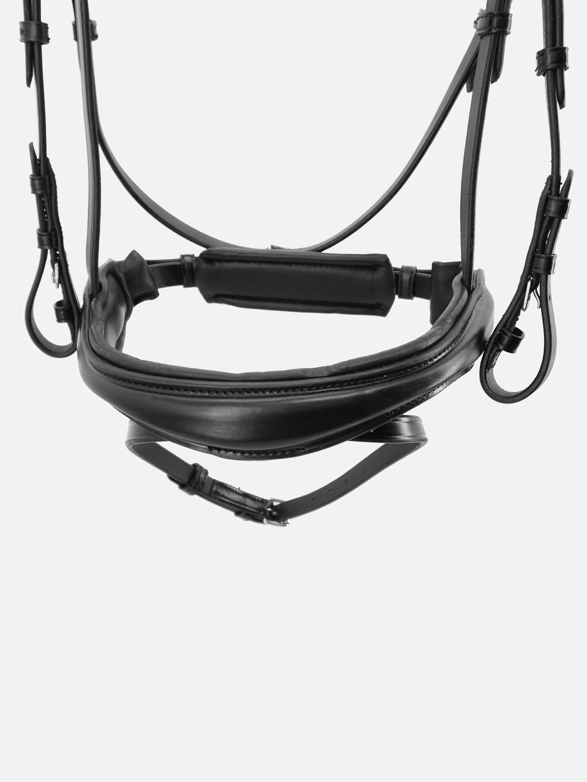 Detailfoto Trense Perseus in Schwarz mit Chrombeschlägen: Reithalfter mit spurlos abnehmbarem Sperrriemen