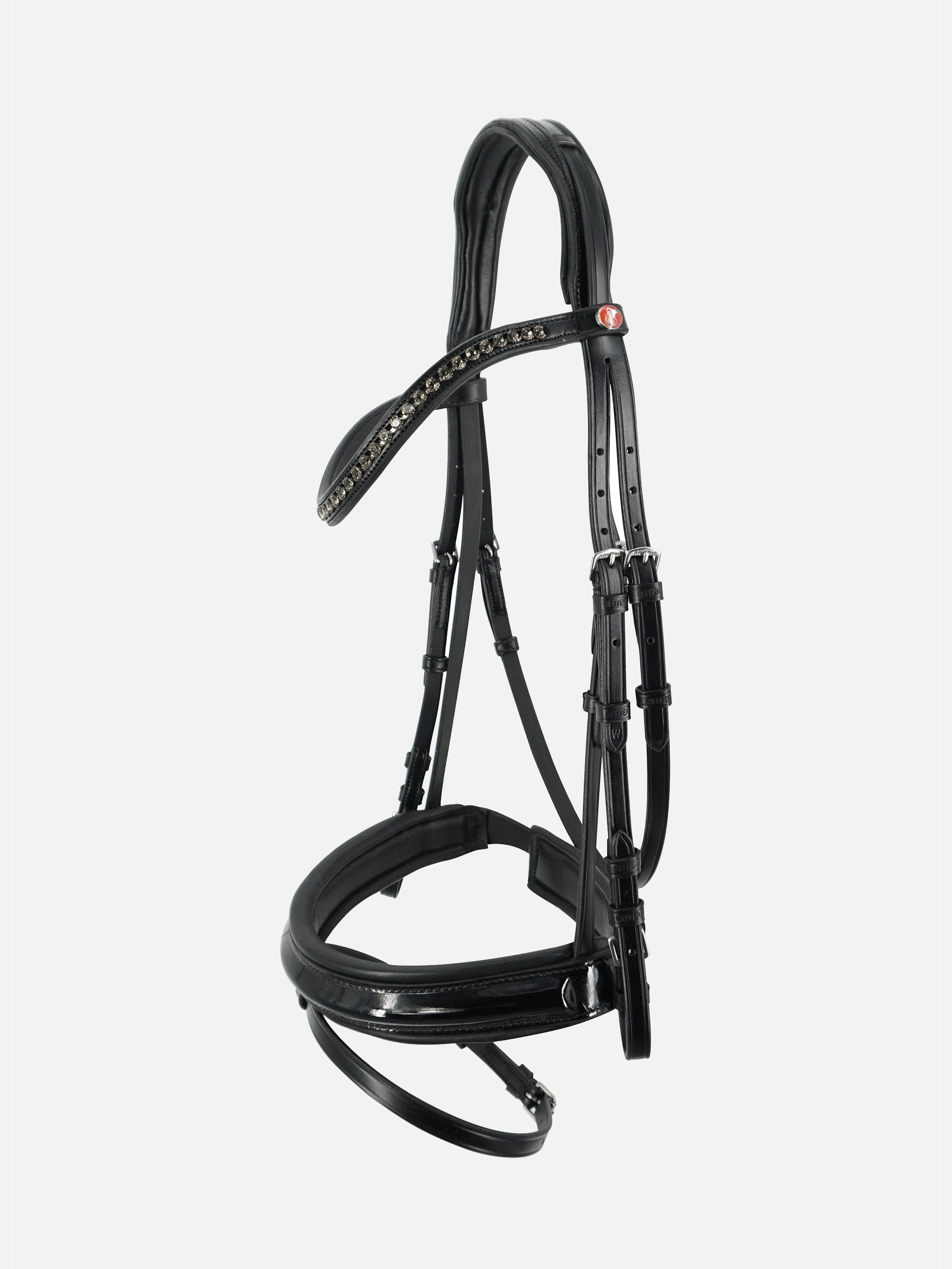 Trense Comfort Paris in Schwarz mit schwarzem Lack-Reithalfter und Chrombeschlägen