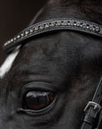Detailfoto Trense Comfort Paris in Schwarz mit schwarzem Lack-Reithalfter: geschwungenes Stirnband mit grauen Swarovski® Kristallen am Pferd