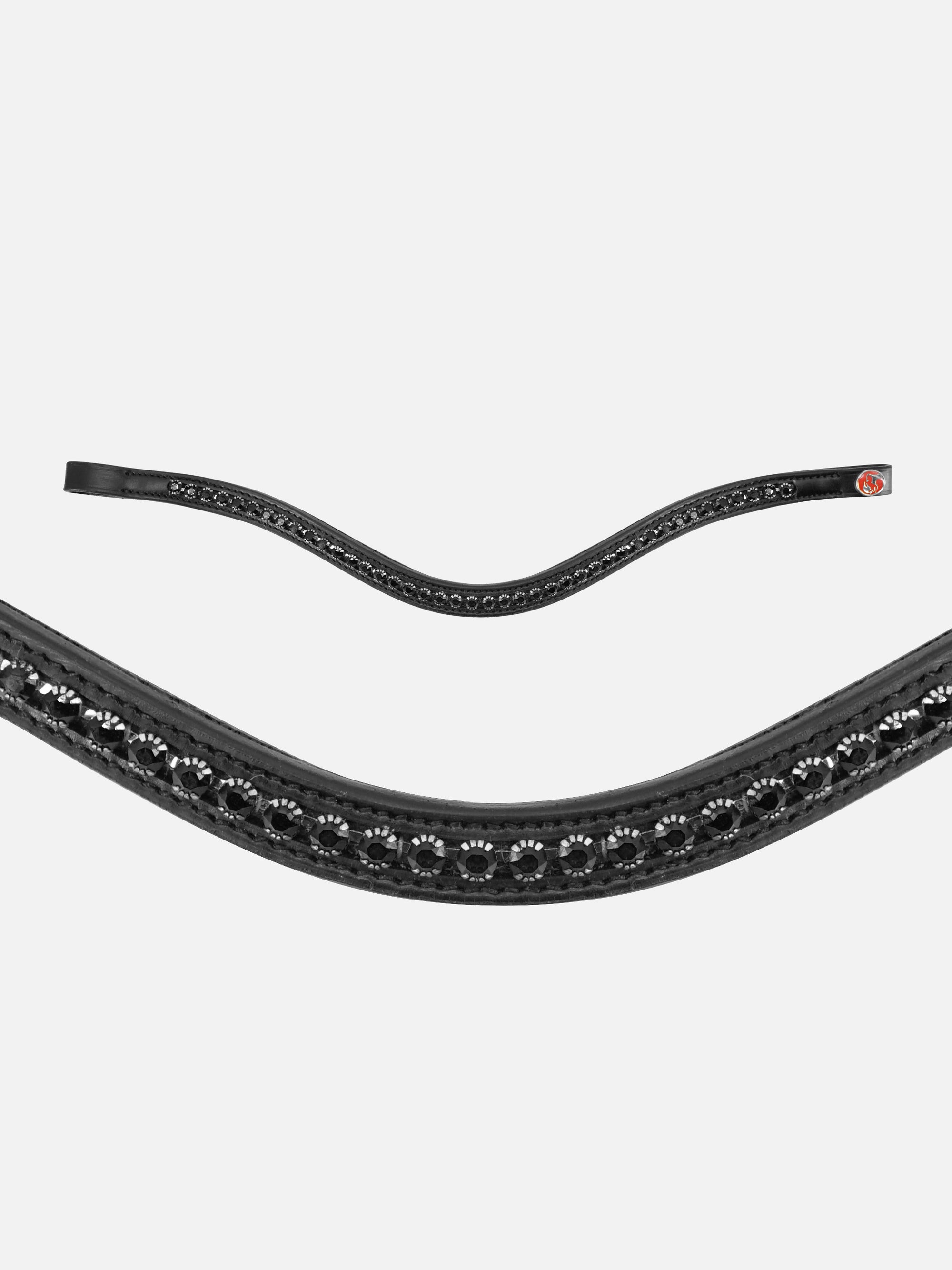 Detailfoto Trense Comfort Verona in Schwarz mit Chrombeschlägen: geschwungenes Stirnband mit schwarzen Swarovski® Kristallen