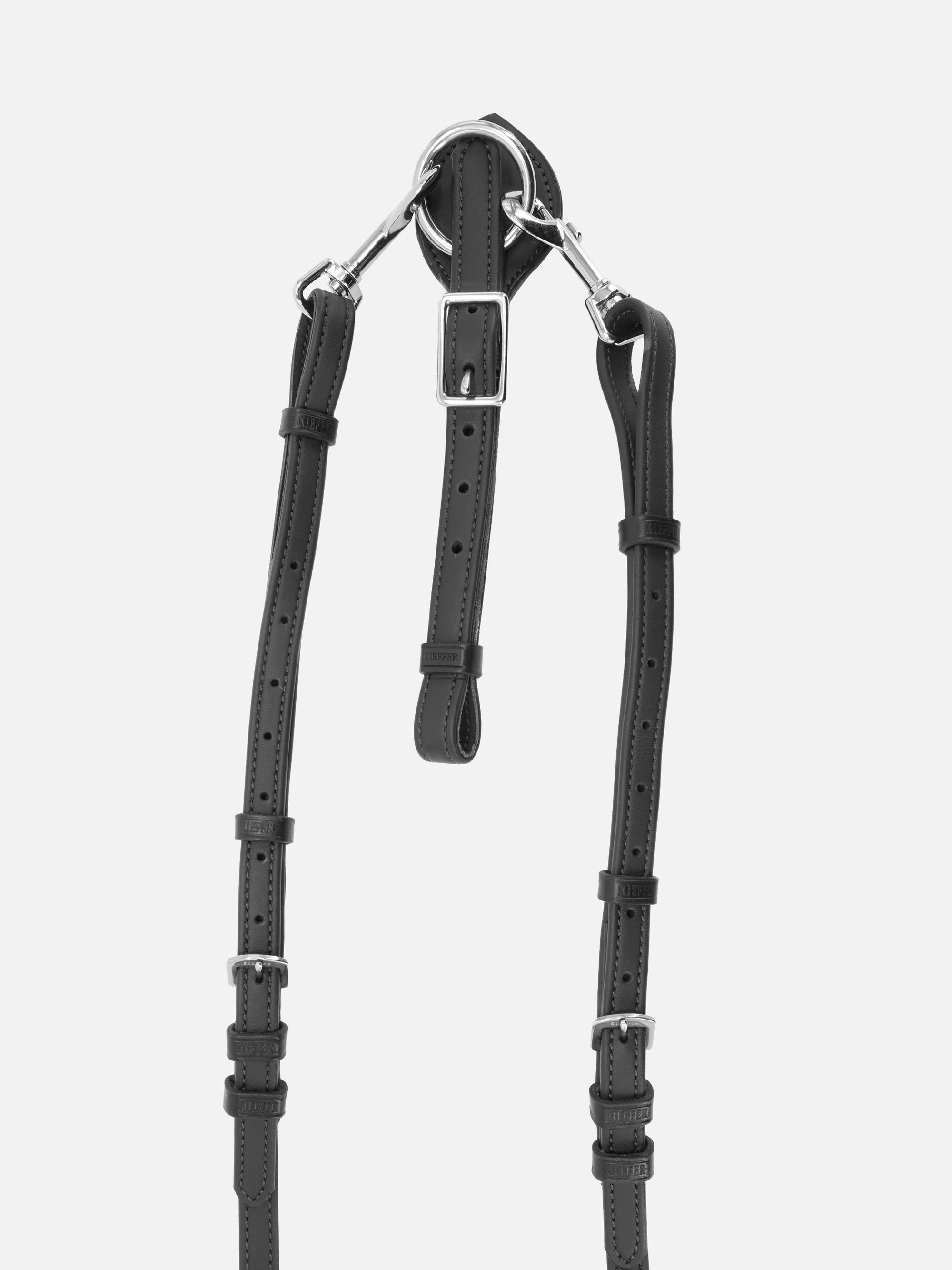 Detailfoto Schlaufzügel Jessica aus antiallergenem Secu-Material in Schwarz mit Chrombeschlägen