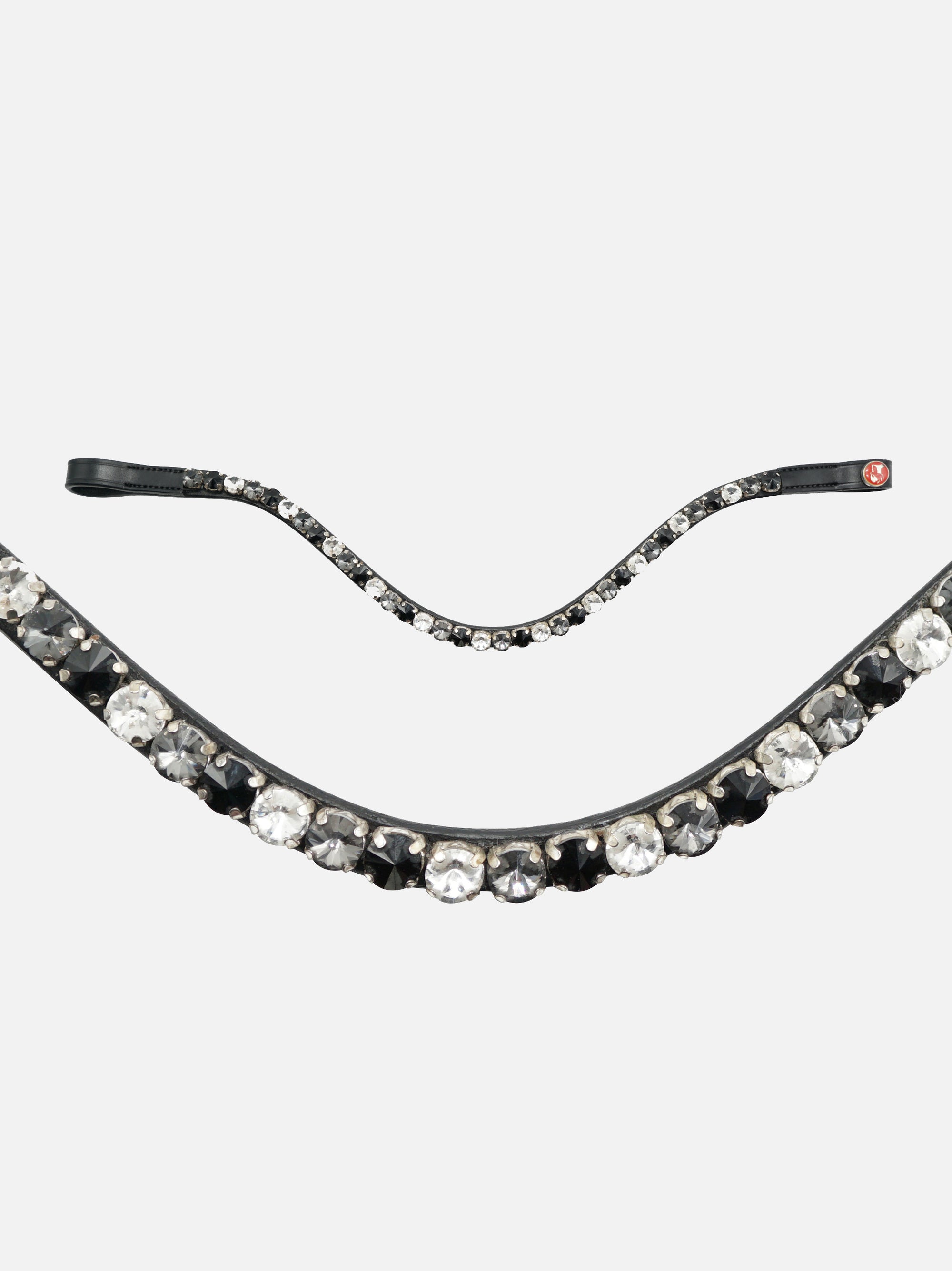 Detailfoto rundgenähte Trense Elli in Schwarz mit Chrombeschlägen: Stirnband mit extragroßen Kristallen in Schwarz/Weiß/Grau