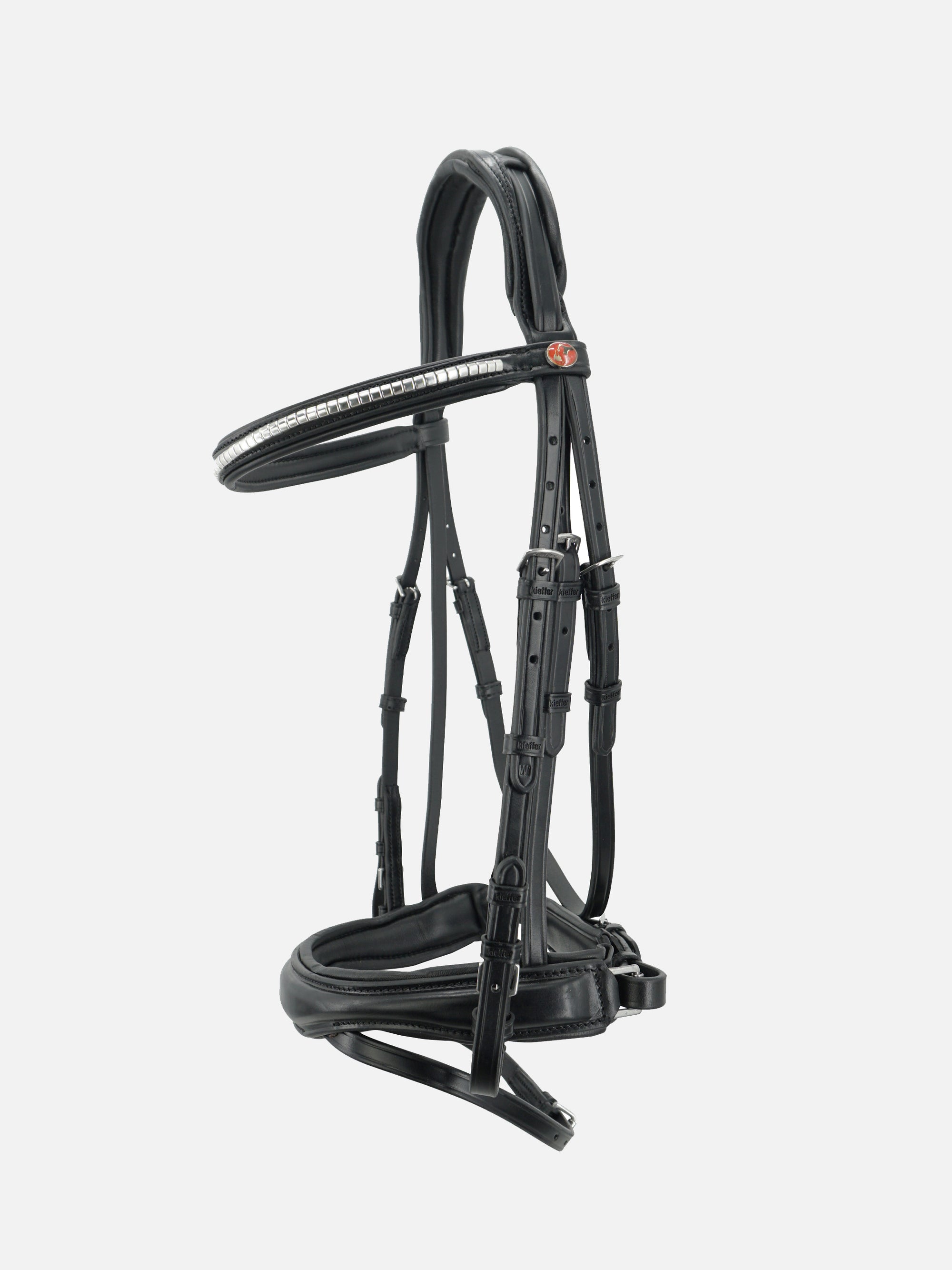 Trenaenzaum Perseus in Schwarz mit schwedischem Reithalfter und Stirnband mit silberfarbener Clincherkette