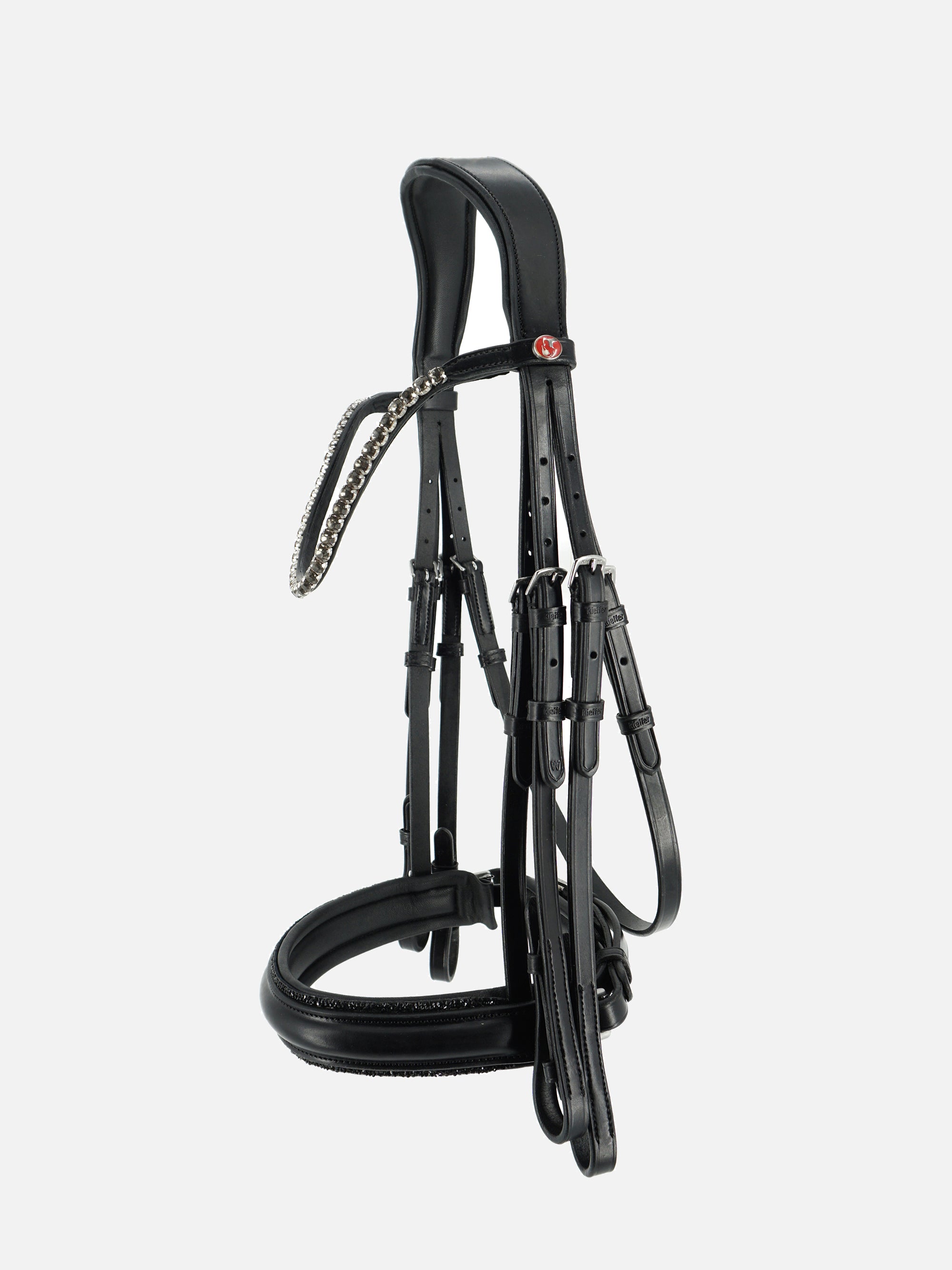 Kandare Grace mit schwarzer Kristallbiese am Reithalfter und Chrombeschlägen
