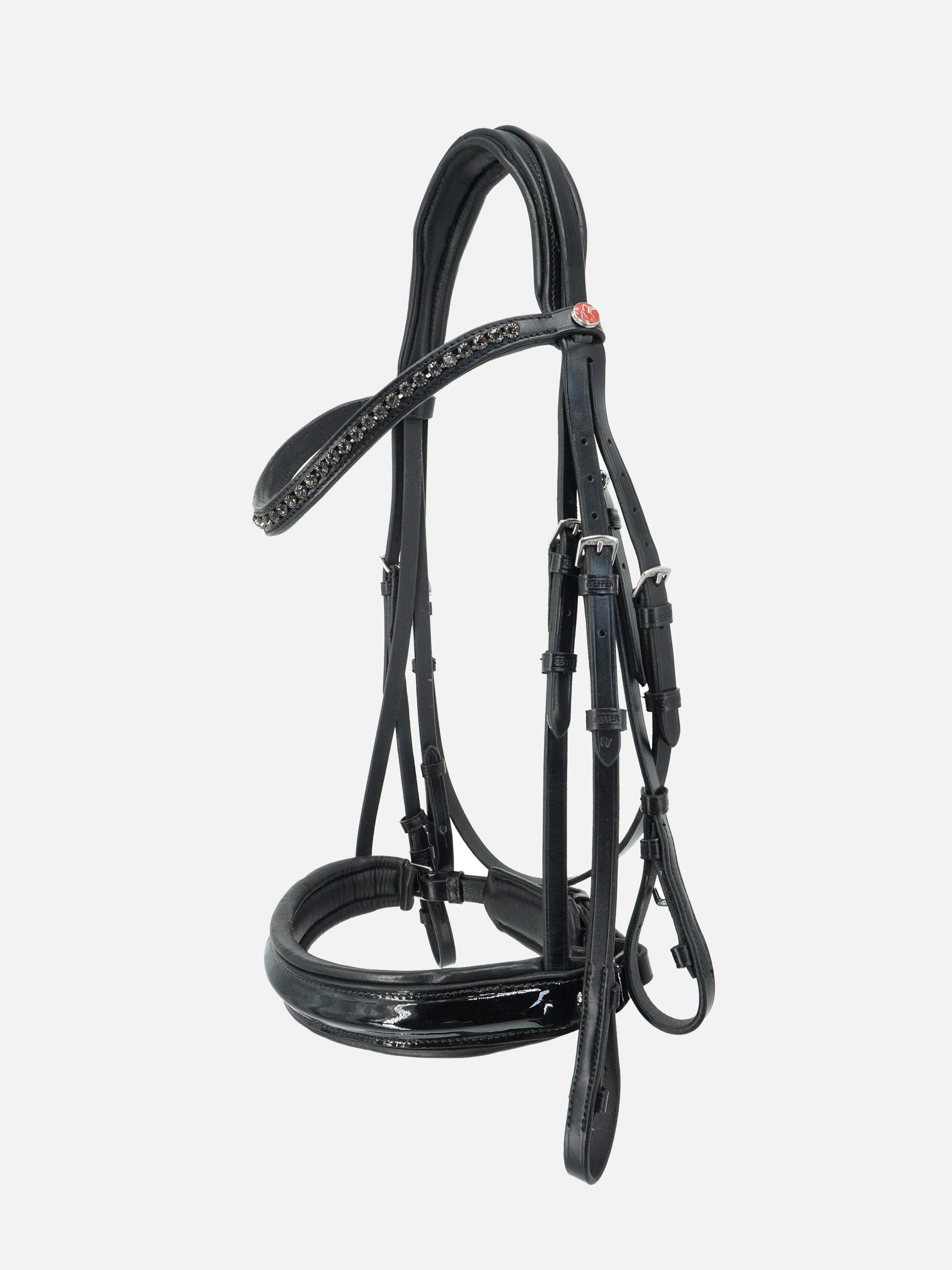 Kandare Paris in Schwarz mit schwarzem Lack-Reithalfter, grauen Swarovski® Kristallen und Chrombeschlägen