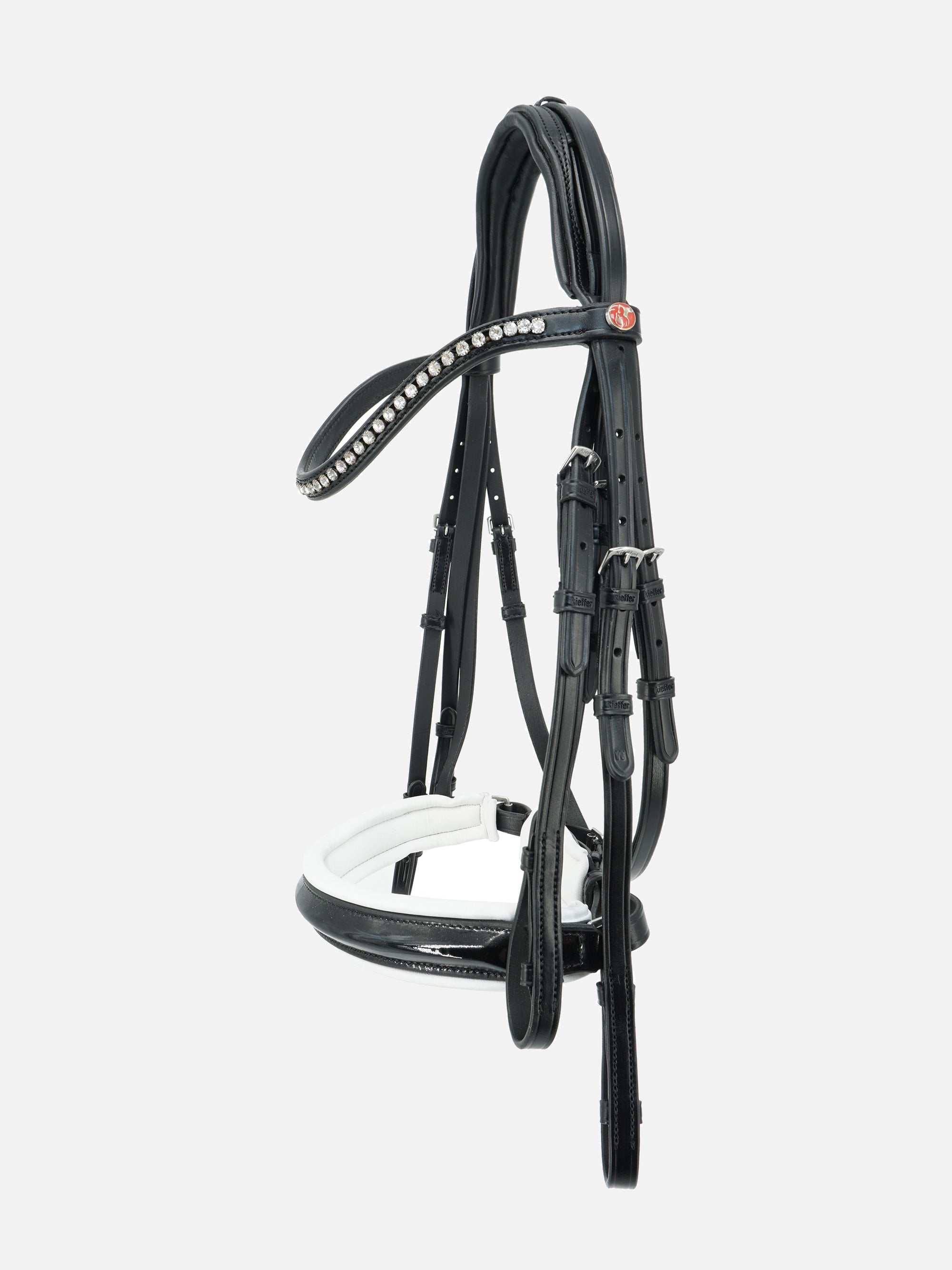 Kandare Paris in Schwarz mit weißer Unterlegung, schwarzem Lack-Reithalfter und weißen Swarovski® Kristallen und Chrombeschlägen