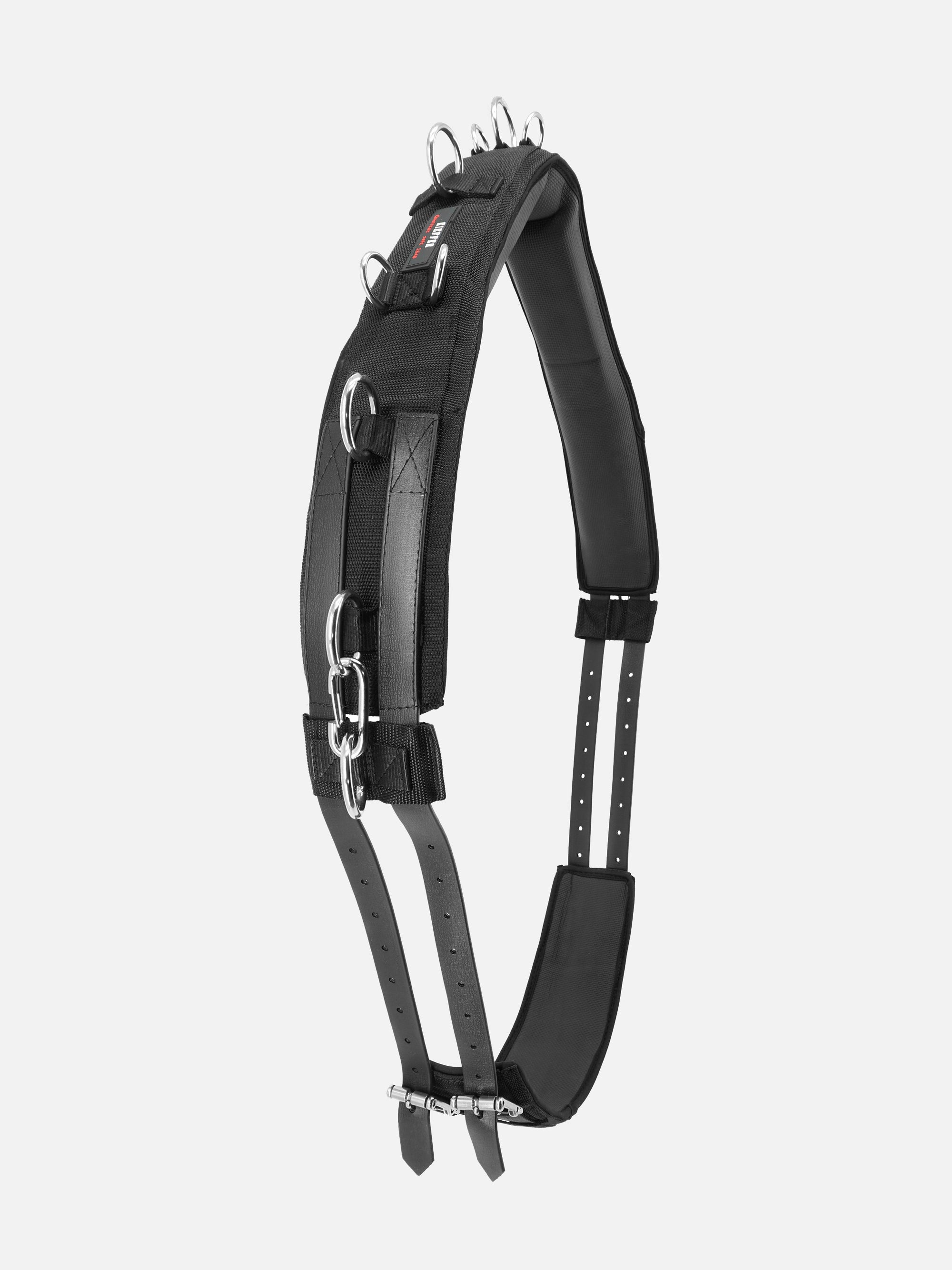 Seitenansicht gepolsterter Nylon-Longiergurt in Schwarz mit Chrombeschlägen