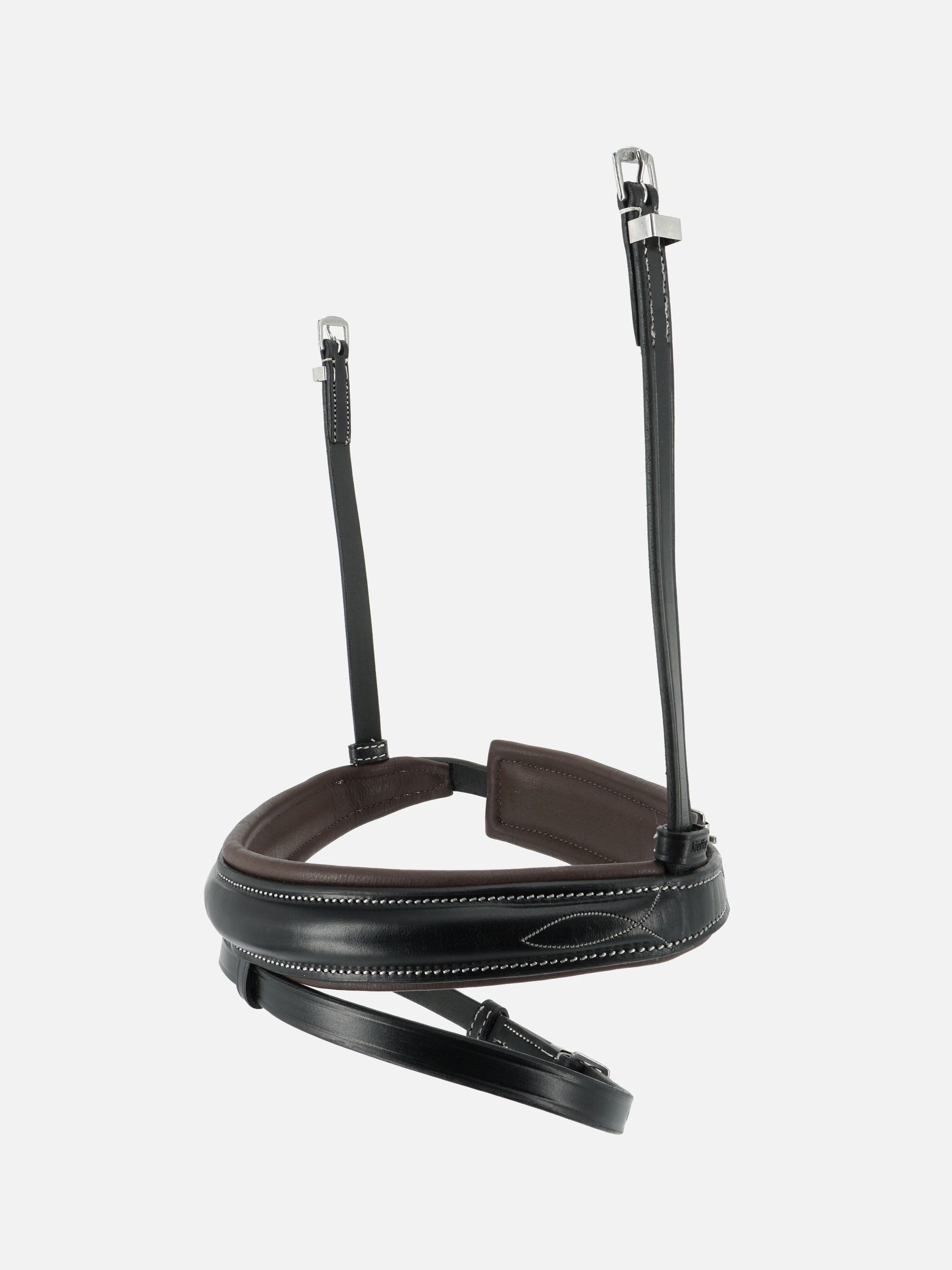 Englisch kombiniertes Reithalfter Vera in Schwarz, braun unterlegt mit weißen Kontrastnähten und Chrombeschlägen